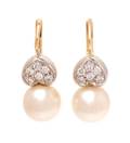 A Pair of 14 Karat Yellow Gold Cultured Pearl and Diamond Drop Earrings