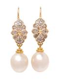 A Pair of 18 Karat Yellow Gold Cultured Pearl and Diamond Drop Earrings Barry Brinker
