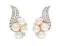A Pair of Platinum Diamond and Cultured Pearl Earclips Circa 1950