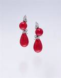 A Fine Pair of Platinum Diamond and Coral Pendant Earclips