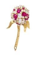A Yellow Gold Diamond and Ruby Flower Brooch
