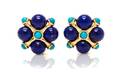 A Pair of 18 Karat Yellow Gold Lapis Lazuli and Turquoise Earclips