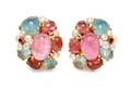 A Pair of Yellow Gold Pink Tourmaline Aquamarine Cultured Pearl and Ruby Earclips