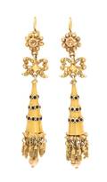A Pair of Victorian Yellow Gold and Enamel Pendant Earrings