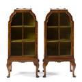 A Pair of Queen Anne Style Burl Walnut Vitrine Cabinets