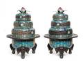 A Pair of Large Chinese Jade Embellished Cloisonne Enamel Censers