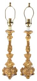 A Pair of Italian Giltwood Pricket Style Table Lamps