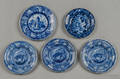 Five blue Staffordshire cup plates 19th c