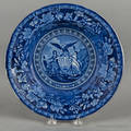 Historical blue Staffordshire Arms of New York shallow bowl 19th c