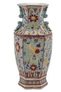 Chinese Hexagonal Baluster Vase w Fu Dog Handles