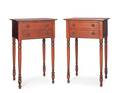 Pair of Eldred Wheeler Sheraton style curly maple twodrawer stands