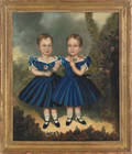 Oil on canvas portrait of two children wearing blue dresses