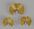 18K yellow gold sapphire and diamond fur pin and earring set with full cut diamonds and round cut blue sapphires