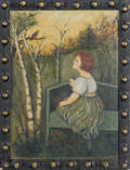 Primitive oil on canvas landscape with a young girl