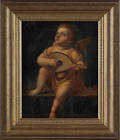 Oil on canvas of a cherub playing a lute