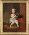 Oil on canvas portrait of a child holding a dog