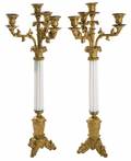 A PAIR OF GILT BRONZE AND MILK GLASS CANDELABRA 20TH CENTURY