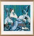 Framed Ting Shao Kuang Chinese b 1939 Lithograph of a Woman and Cranes 1984