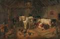 Attributed to John Frederick Herring Jr British 18151907 Stable Interior with Cattle Horses and Chickens