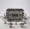 Fivepiece Reed  Barton Sterling Silver Tea and Coffee Service with Associated Silverplate Tray
