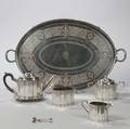 Fourpiece Theodore Starr Sterling Silver Tea Service with Associated Tray and Sugar Tongs