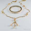 14kt Gold and Pearl Necklace and Hinged Bangle