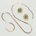 14kt Gold and Green Gemset Flower Earrings and Gold Chain