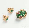 18kt Gold Enamel and Ruby Frog Brooch and a Pair of Emerald and Diamond Earrings
