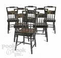 Set of six decorated plank seat chairs