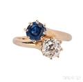 Antique Gold Sapphire and Diamond Bypass Ring