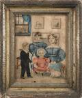 New England watercolor folk art interior scene mid 19th c