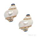 18kt Gold Turbo Shell and Sapphire Earrings Seaman Schepps