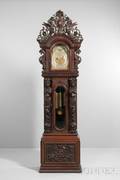 JJ Elliott Monumental Carved Mahogany Quarterchiming Hall Clock