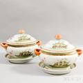 Pair of Export Porcelain Enameled Covered Tureens and Platters