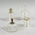 Three Threaded Glass Vessels and a Butter Dish