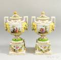 Pair of German Porcelain Covered Urns with Handpainted Figural Scenes
