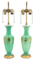 A Pair of Green Opaline Enameled Glass Vases