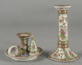Chinese export porcelain rose medallion chamberstick and candlestick