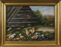 Oil on board with a hen and chicks