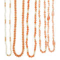 Five coral pearl or yellow gold necklaces
