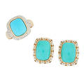 Turquoise  diamond yellow gold ring  earring suite