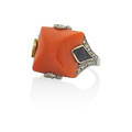Art deco coral diamond  enameled gold ring