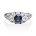 Art deco sapphire diamond  platinum threestone ring