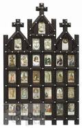 Elaborate tramp art frame with Biblical cards