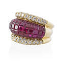 Invisibly set ruby  diamond yellow gold bombe ring