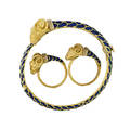 Enameled yellow gold ram bracelet  rings