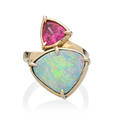 Artisanal pink tourmaline opal  yellow gold ring