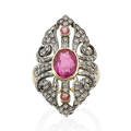 Art deco revival tourmaline diamond  yellow gold ring