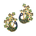 Emerald sapphire  enameled yellow gold peacock earrings