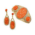 Carved coral seed pearl  yellow gold filigree jewelry